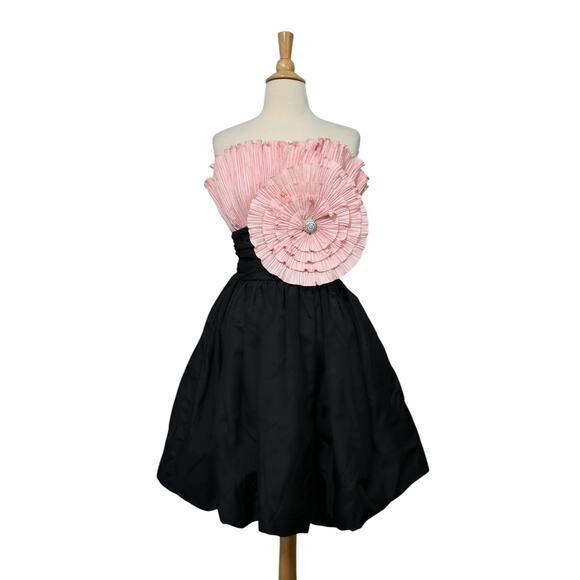 Vintage 80s AJ Bari Origami Crinkle Pink Flower Black Taffeta Party Dress XXS - Picture 2 of 10